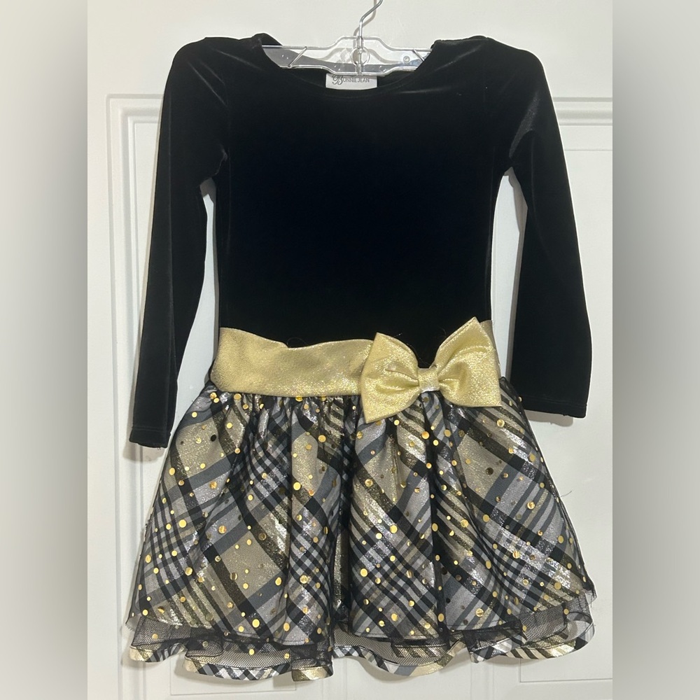 Bonnie Jean Black and Gold Velvet Plaid Holiday Dress